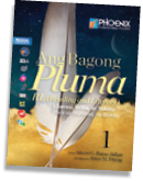 A fantasy cloudscape with stars and a crescent moon overlaid with a vintage, textured watercolor paper background.